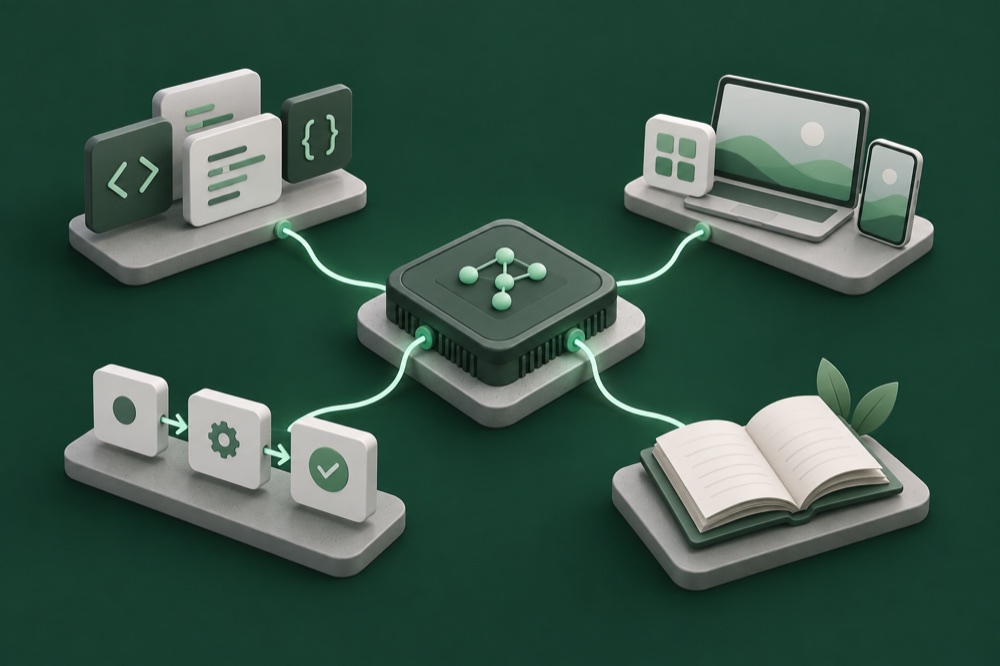 AI core connecting development, applications, automation, and learning