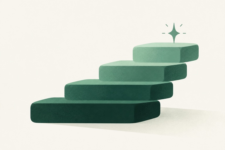Four broad offset stacked rounded slabs forming a clear ascending staircase, a single small spark at the top.