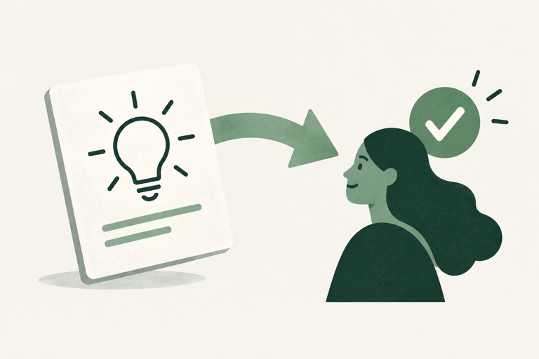 One large product sketch card with a lightbulb symbol passing through a single feedback arrow to a person silhouette and a checkmark.