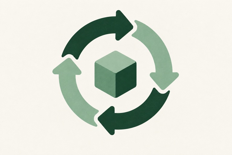One large circular loop made of four thick rounded arrow segments with a small product cube at its center.
