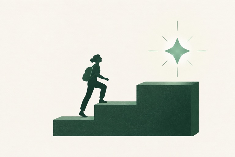One simple staircase of three broad steps with a small human silhouette climbing toward a luminous abstract four-point AI spark.